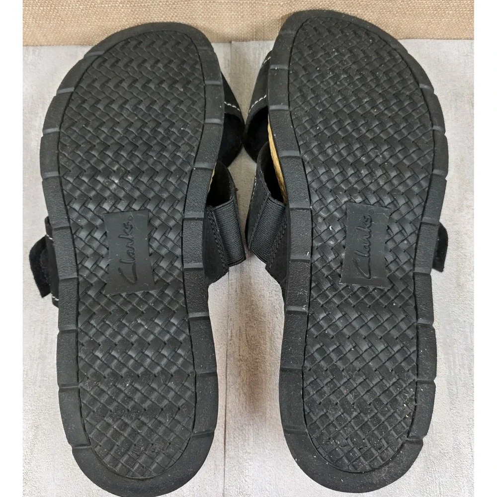 Clarks Reileigh May Black Nubuck Leather‎ Adjustable Slides Sandals Women's 9M